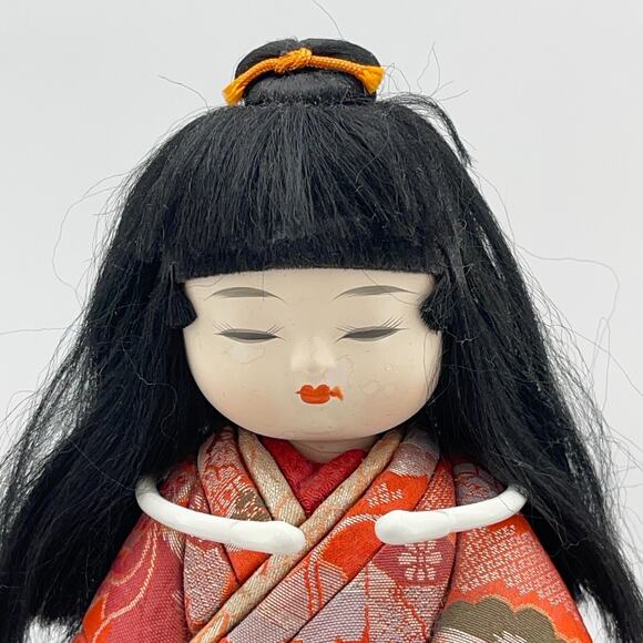 Vintage Gofun Japanese Ichimatsu Girl Doll Black Hair Silk Kimono Ningyo 11.5" - Picture 5 of 9